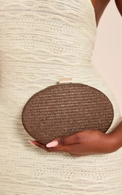PrettyLittleThing Chocolate Brown Oval Raffia Structured Clutch - Woven Hard Case Evening Bag