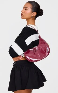 Prettylittlething Burgundy Rounded Patent Shoulder Bag