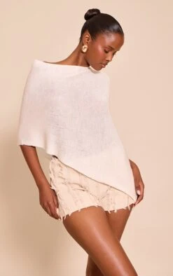 Prettylittlething Cream Fine Knit Poncho Style Top