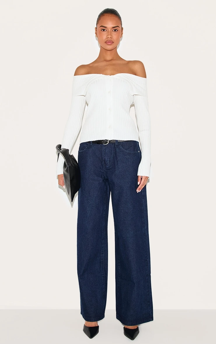 Prettylittlething Cream Rib Knit Fold Over Button Up Top - Image 3