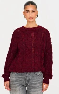 PrettyLittleThing Burgundy Marl Distressed Detail – Chunky Cable Knit Oversized Sweater -FRAME Clothing Shop ac25d06c78073b5087351f9a2ba986e5d320007a cnl5048 3