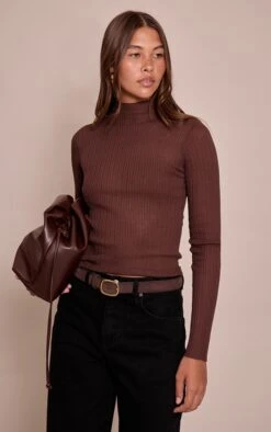 Prettylittlething Brown Sheer Knit High Neck Top -FRAME Clothing Shop adcbbd6bee23395e5557f573410fc900ce865e16 CNN6999 4 brown sheer knit high neck top