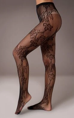 Prettylittlething Black Fishnet Floral Lace Tights