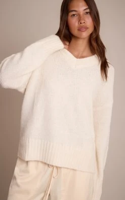 Cream V Neck Rib Detail Sweater