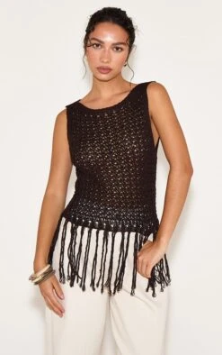 Chocolate Crochet Boat Neck Fringe Top