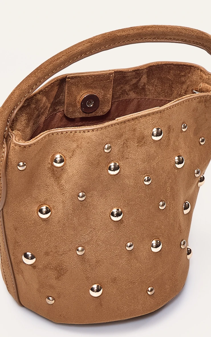 PrettyLittleThing Tan Faux Suede Gold Studded Flap Cross Body Bag 5 PrettyLittleThing Tan Faux Suede Gold Studded Flap Cross Body Bag - Image 5