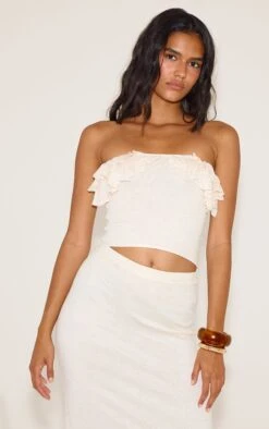 Prettylittlething Oatmeal Fine Knit Bandeau Frill Top