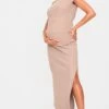 PrettyLittleThing Maternity Taupe Brushed Rib Ruched Foldover Maxi Skirt