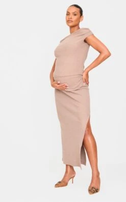 Prettylittlething Maternity Taupe Brushed Rib Ruched Detail Foldover Maxi Skirt