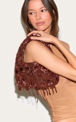 Prettylittlething Bronze Sequin Tassel Mini Hand Bag