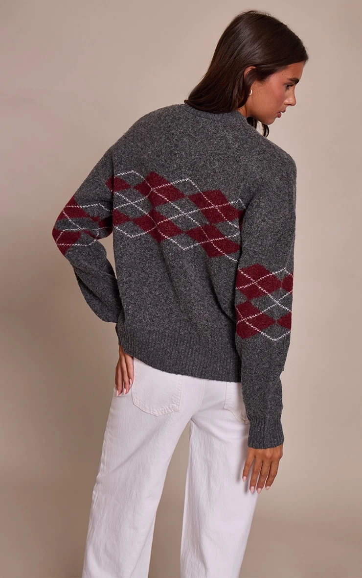 Grey Argyle Crew Neck Sweater 2 Grey Argyle Crew Neck Sweater - Image 2