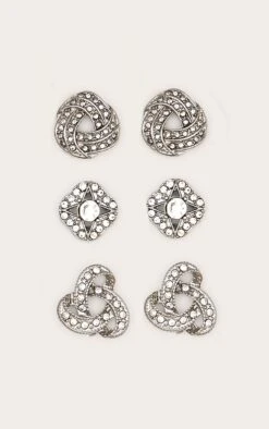 Prettylittlething Silver Diamante Knotted Stud Earrings Multi Pack