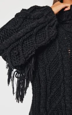 Prettylittlething Black Cable Knit Tassel Detail Roll Neck Sweater -FRAME Clothing Shop b2c0e1e7e420782a324b07adf950c6ff8272bba0 cnk3948 4