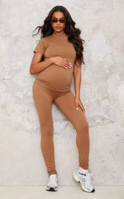 Prettylittlething Maternity Brown Over The Bump Leggings