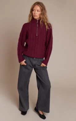 Burgundy Zip Detail Cable Knit Oversized Sweater -FRAME Clothing Shop b5b4dcab66732ec652419b255bc85a225e5bb06f CNN9685 3 burgundy zip detail cable knit oversized jumper