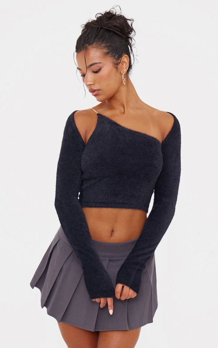 Prettylittlething Black Eyelash Knit Shrug And Top Set 1 Prettylittlething Black Eyelash Knit Shrug And Top Set