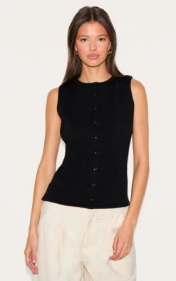 Prettylittlething Black Button Through Sleeveless Top