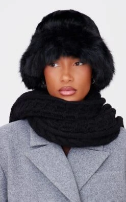 Prettylittlething Black Faux Fur Fluffy Trim Bucket Hat