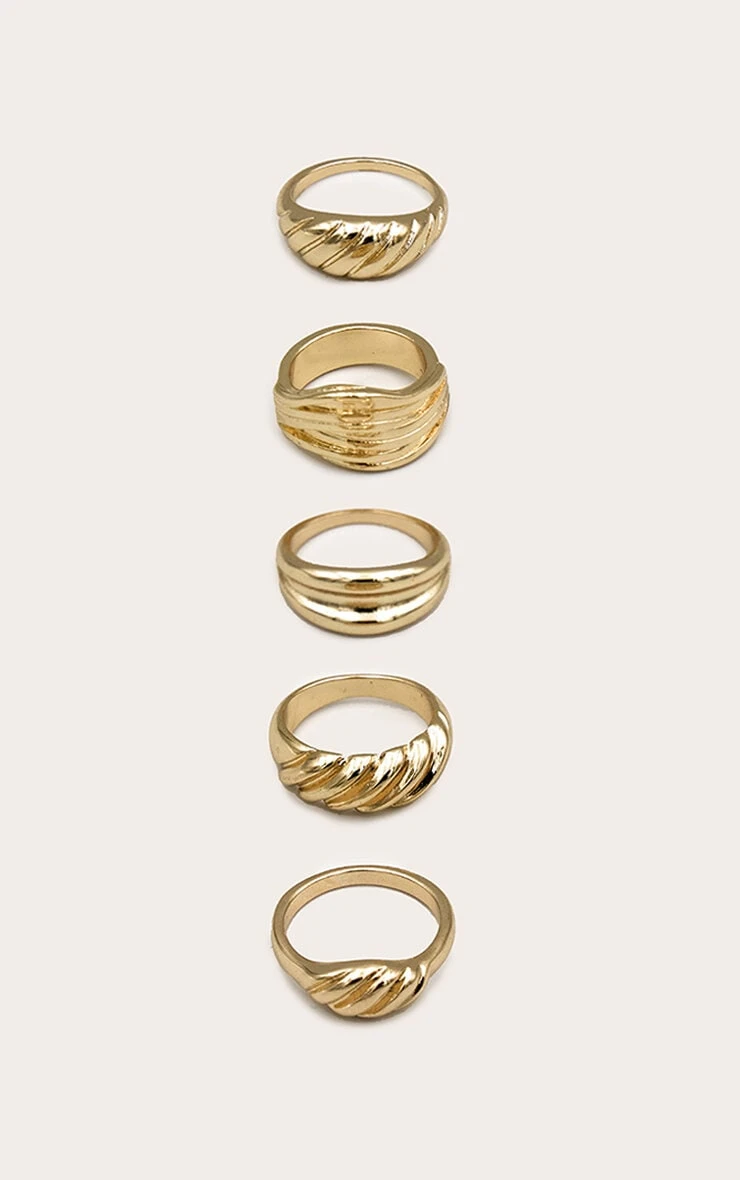 PrettyLittleThing Gold Croissant Detail 5 Pack Ring Set - Sustainable Stackable Gold Jewelry 2 PrettyLittleThing Gold Croissant Detail 5 Pack Ring Set - Sustainable Stackable Gold Jewelry - Image 2