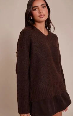 Chocolate V Neck Rib Detail Sweater