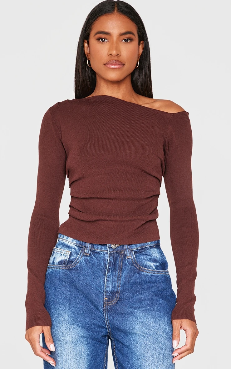 PrettyLittleThing Chocolate Fine Knit Asymmetric Bardot Top – Deconstructed Gauze Knitwear 1 PrettyLittleThing Chocolate Fine Knit Asymmetric Bardot Top – Deconstructed Gauze Knitwear