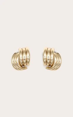 Prettylittlething Gold Ribbed Curved Statement Stud Earrings