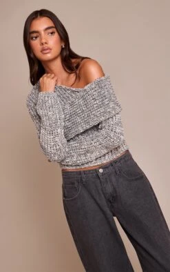Prettylittlething Grey Chunky Knit Asymmetric Sweater