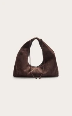 PrettyLittleThing Chocolate Faux Suede Drawstring Slouchy Mini Shoulder Bag