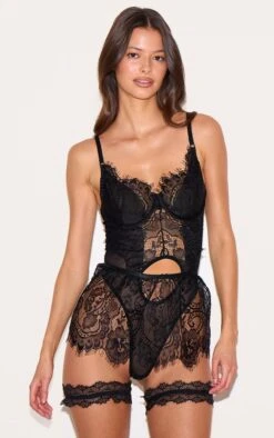 Prettylittlething Black Lace Skirt Detail Bodysuit And Garter Lingerie Set