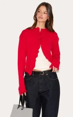 Prettylittlething Red Knit Ruffle Detail Cardigan
