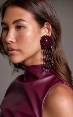 Prettylittlething Burgundy Resin Bead Drape Statement Earrings