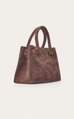 PrettyLittleThing Chocolate Faux Suede Gold Hardware Structured Handbag -FRAME Clothing Shop c08c6d9a87c12a97f8a29397311722fdc4faa4c3 CNO3438 3 chocolate faux suede gold hardware hand bag