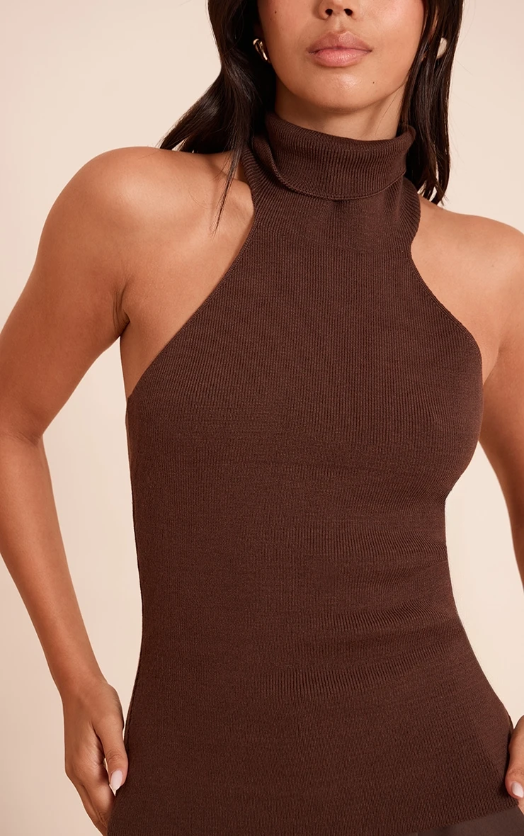 Prettylittlething Chocolate Compact Knit Halterneck Top 4 Prettylittlething Chocolate Compact Knit Halterneck Top - Image 4