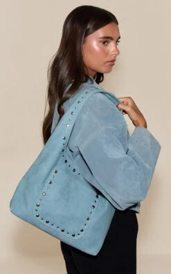 PrettyLittleThing Powder Blue Faux Suede Silver Studded Shoulder Bag