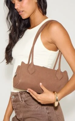 PrettyLittleThing Chocolate Faux Suede Mini Bowler Shoulder Bag – Structured Retro Aesthetic