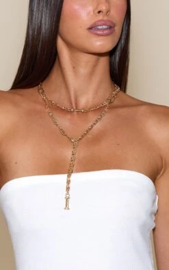Gold Heavy Chain Layered Lariat Necklace – Multi-Strand Recycled Metal Statement Piece