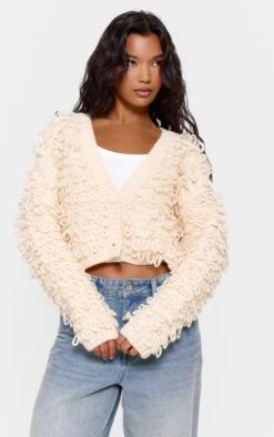 Prettylittlething Cream Loop Knit V Neck Button Up Cardigan