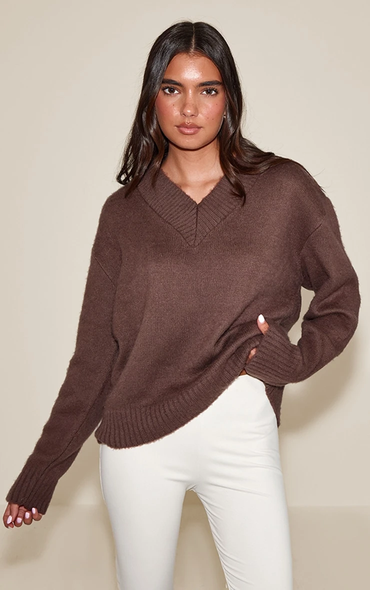 Prettylittlething Mink Brushed Laguna Knit V Neck Sweater 1 Prettylittlething Mink Brushed Laguna Knit V Neck Sweater