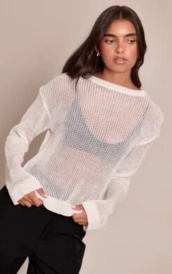 Prettylittlething Cream Filagree Knit Slouchy Sweater