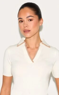 Prettylittlething Cream Knitted Contrast Polo Collar Top -FRAME Clothing Shop c7b2d9646a4d94e117fd9cab52f2addf74d1f659 CNM7666 4 cream knitted contrast polo collar top