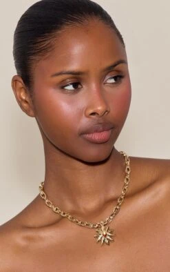 Prettylittlething Gold Tigers Eye Floral Pendant Necklace