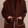 Chocolate Brown Blanket Stitch Scarf with Contrast Pockets – Cozy Knit Winter Accessory