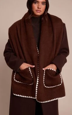 Chocolate Blanket Stitch Contrast Pocketed Scarf