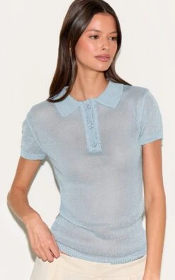 Prettylittlething Light Blue Sheer Knit Polo Top