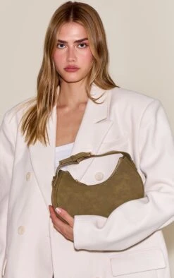 PrettyLittleThing Olive Faux Suede Croc-Effect Crescent Shoulder Bag