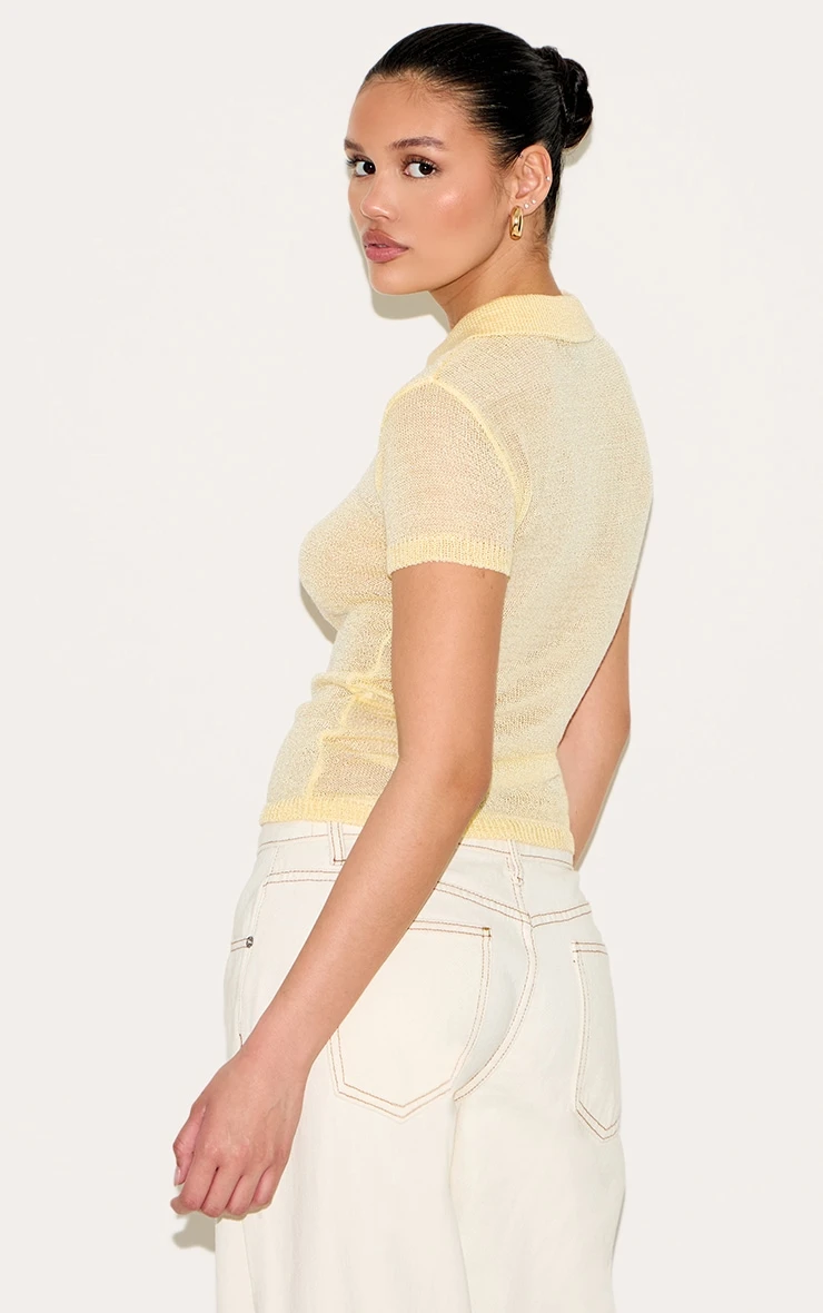 Prettylittlething Yellow Sheer Knit Polo Top 2 Prettylittlething Yellow Sheer Knit Polo Top - Image 2