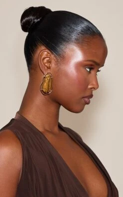 Prettylittlething Gold Outlined Tigers Eye Statement Earrings