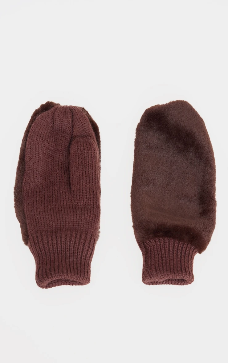PrettyLittleThing Chocolate Brown Soft Knit Mittens with Luxury Faux Fur Trim 2 PrettyLittleThing Chocolate Brown Soft Knit Mittens with Luxury Faux Fur Trim - Image 2