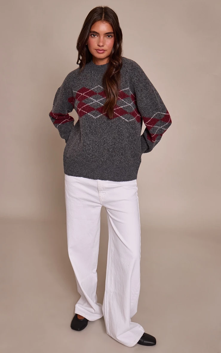 Grey Argyle Crew Neck Sweater 3 Grey Argyle Crew Neck Sweater - Image 3