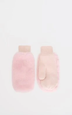 Prettylittlething Pink Faux Fur Soft Knit Mittens